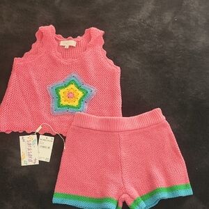 Sara Sara Pink Knit Star Crochet Accent Kids Matching Set